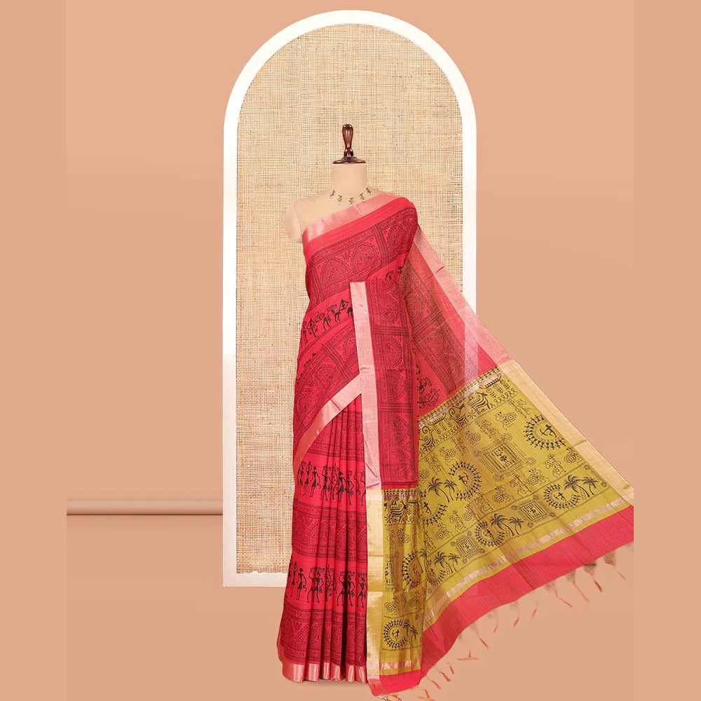 Pothys Red Semi-Silk Cotton Saree, Adorned with Warli Print, a Tissue Border, Contrast Warli Printed Pallu, and a Contrast Blouse